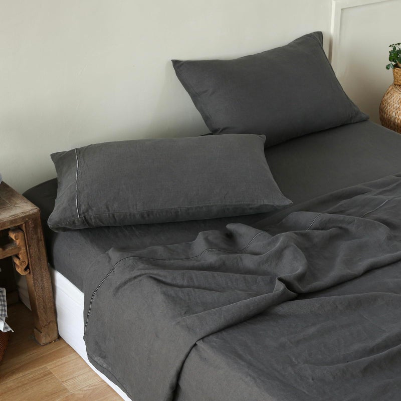 Simple&Opulence 100% Linen Fitted Sheet King(1 Piece), 14 Inch Deep Pocket Mattress Cover Natural French Flax Stone Washed Farmhouse Soft Breathable Bottom Sheets-Charcoal Grey - Image 5